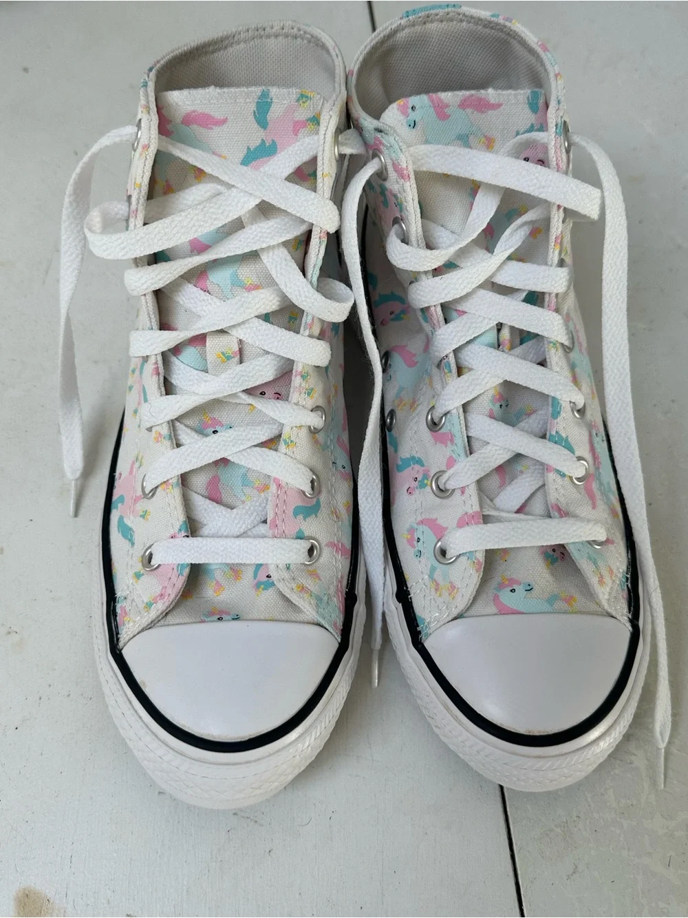Converse Kids High-Top Sneakers in White with Pink & Teal Unicorns